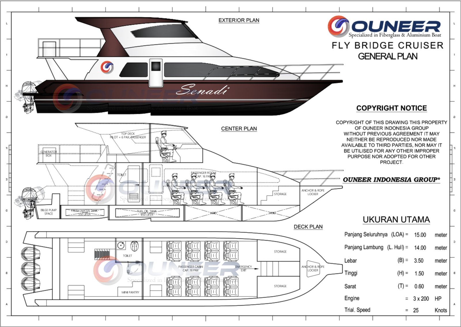 Passenger Boat 15 Meter Flybridge Cruiser – Speedboat Penumpang Fiberglass Kapasitas 16–20 Orang untuk Perairan Indonesia